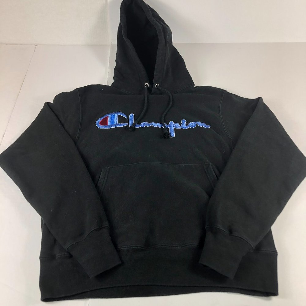 Y2K Champion Reverse Weave Sweatshirt Men's Small Black Spell Out Logo Hoodie